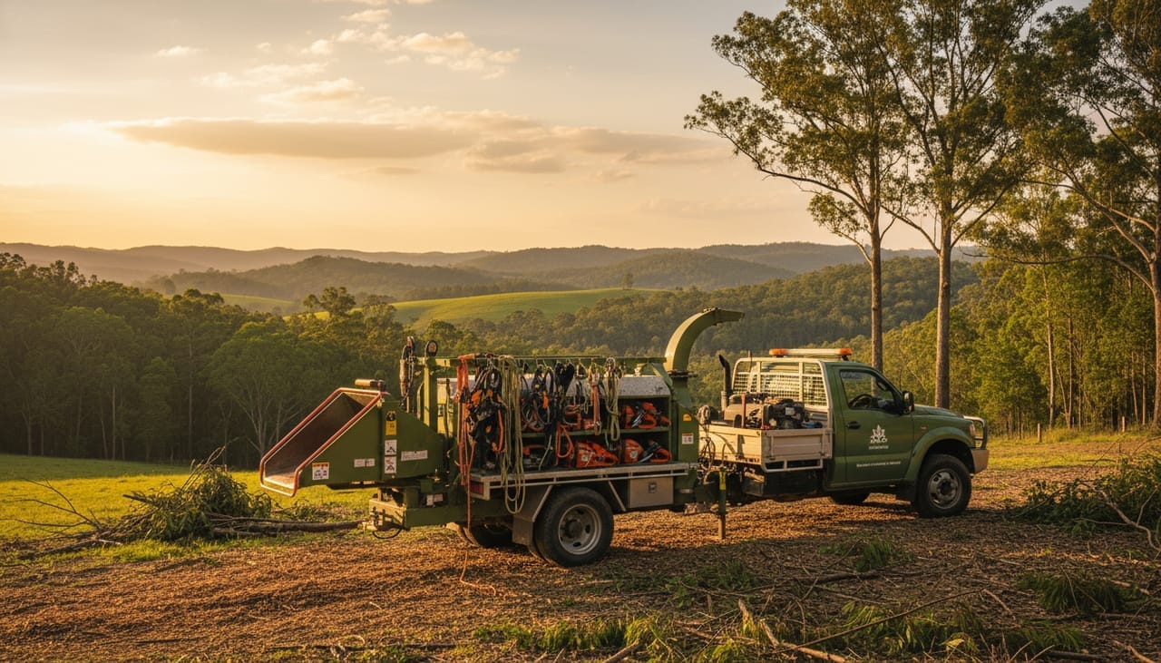 Sunshine Coast Hinterland Arborist work truck and wood chipper on site in the Hinterland